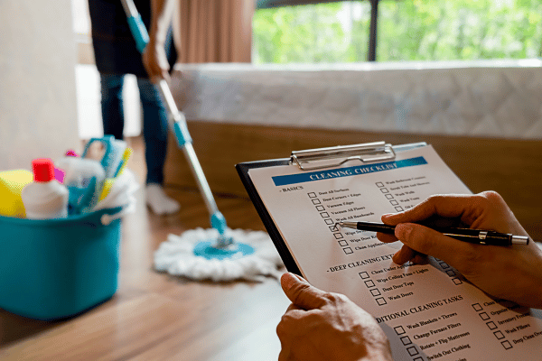 A close-up of a cleaning checklist being marked off, with a mop and cleaning supplies visible in the background.