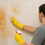 A person wearing yellow gloves is cleaning orange mold from white shower tiles using a spray bottle and sponge.