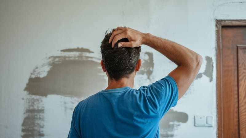 Man in blue shirt worried about dirty, stained wall.