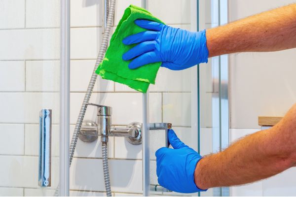 Hands in gloves wiping glass shower door.