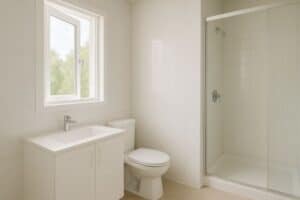 Bright bathroom with open window and shower.
