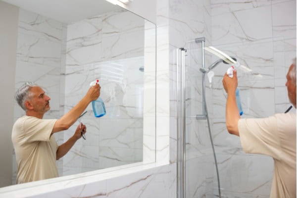 a man spraying cleaning solution on shower
