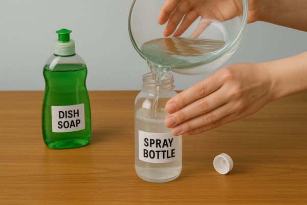 hand pouring warm water in spray bottle