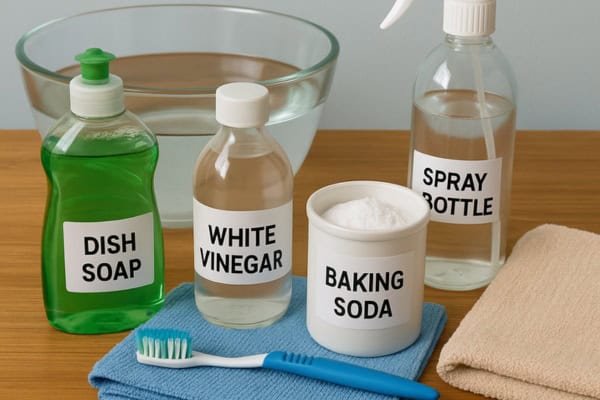 various clraning supplies on a wooden surface