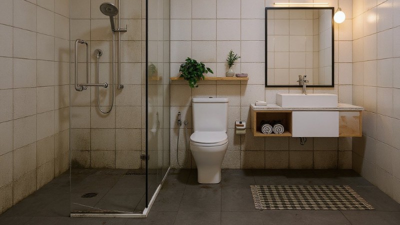 Bathroom with soap scum buildup on tiles and glass shower door.