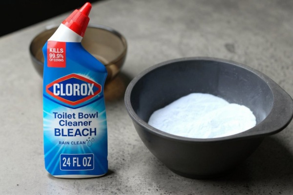 Clorox toilet bowl cleaner bleach with bowl of white powder.