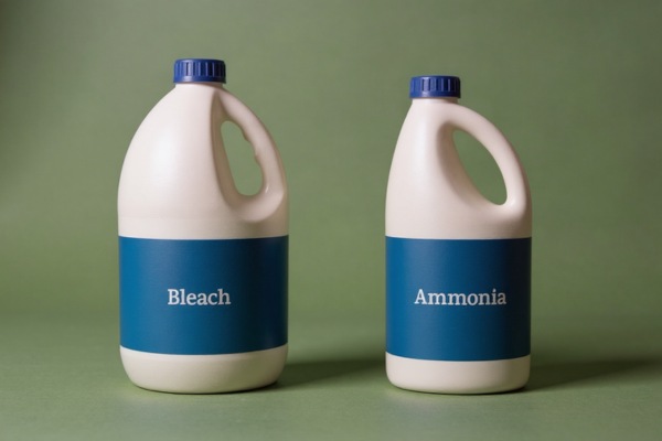  Two large bottles labeled bleach and ammonia on green background