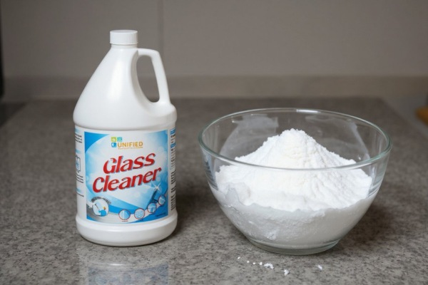 Large glass cleaner bottle next to a bowl of white powder.