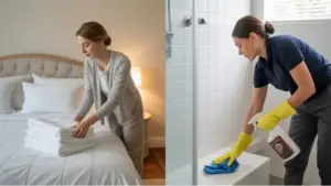 Housekeeper folding laundry vs. house cleaner scrubbing bathroom.