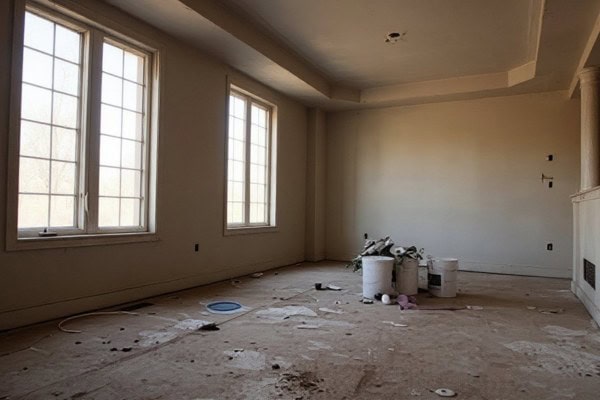 Empty room with construction dust and debris on the floor.