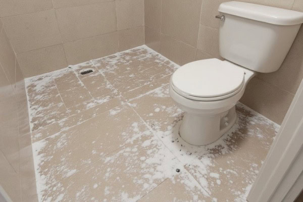 Bathroom floor covered with cleaning foam to remove soap scum.