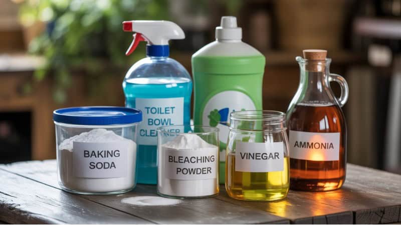 Various household cleaners including baking soda, bleaching powder, vinegar, ammonia, and toilet bowl cleaner on wooden table.
