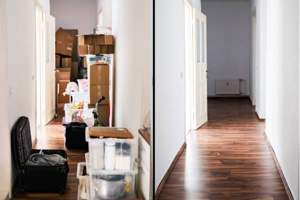 Before and after hallway showing clutter removal and clean space.