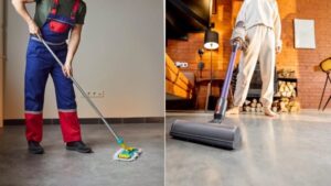 split image layout showing mopping and vacuuming floor