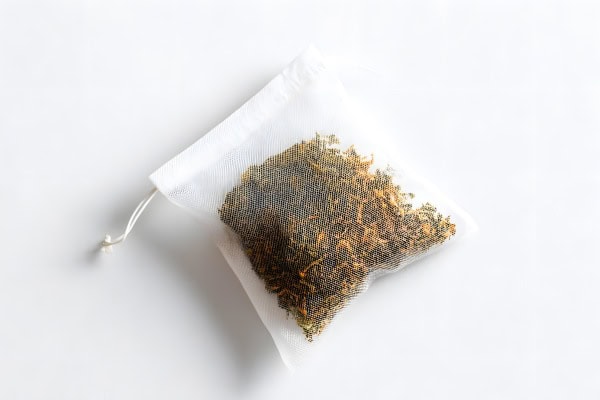 Mesh bag filled with dried tea on a white background.