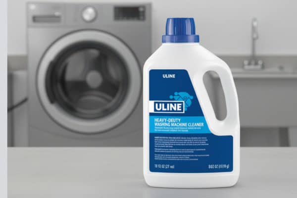 Heavy-duty washing machine cleaner bottle placed in laundry room.