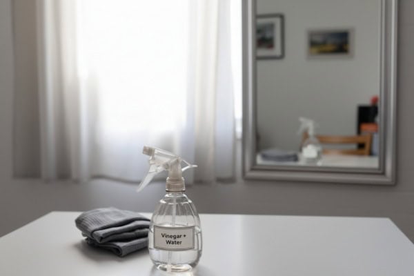 Vinegar and water spray bottle on table beside folded cloth in front of a mirror.