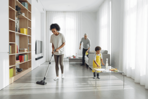 A woman vacuums the living room floor while a child cleans the coffee table and an older man tidies up in the background.