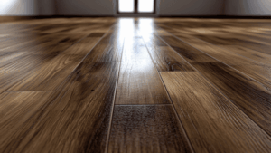Close-up of shiny unsealed wooden floor reflecting natural light from a window.