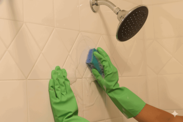 Person wearing green gloves scrubbing white shower tiles with a sponge.