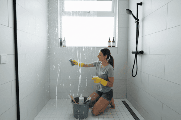 Woman cleaning a glass shower wall with sponge and spray bottle.